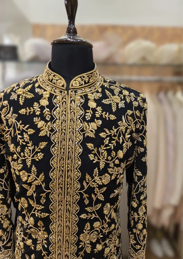Elegant Black & Gold Embroidered Sherwani for Men - Traditional Wedding Wear By MERAKI
