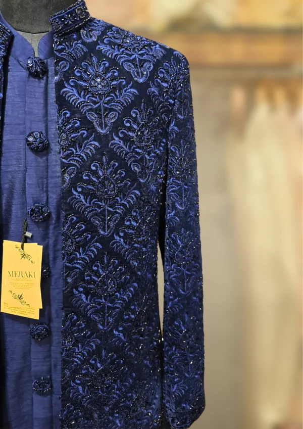Royal Blue Velvet Indo-Western with Hand Work – By MERAKI