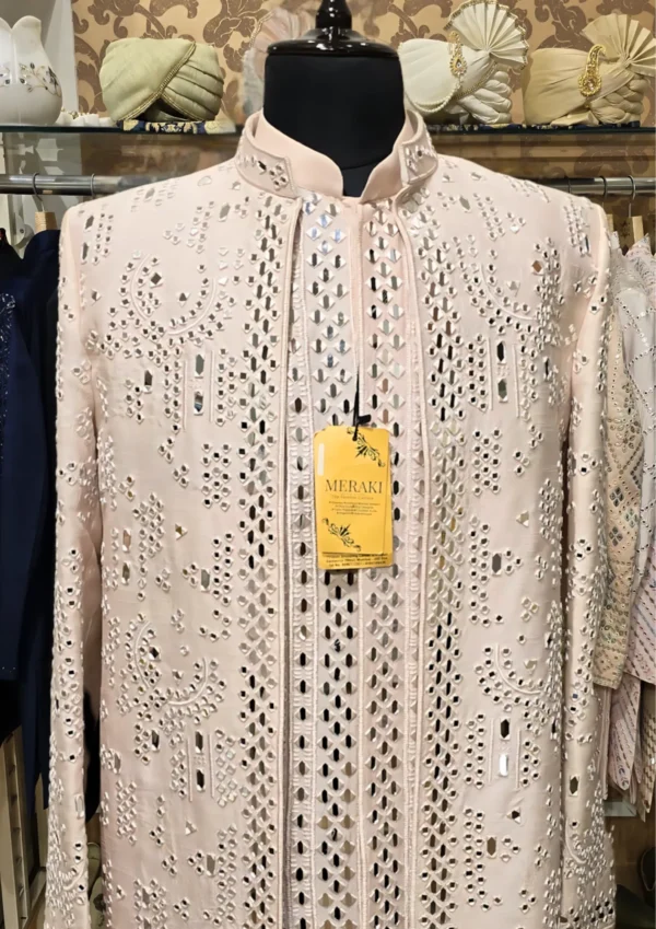 Elegant Tussar Silk Jodhpuri Kurta Pant with Real Mirror Work - By MERAKI