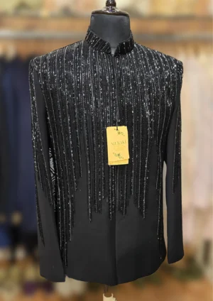 Luxurious Black Beaded Jodhpuri Jacket with Pant Handcrafted Dana Work – By MERAKI