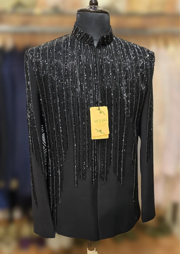 Luxurious Black Beaded Jodhpuri Jacket with Pant Handcrafted Dana Work – By MERAKI