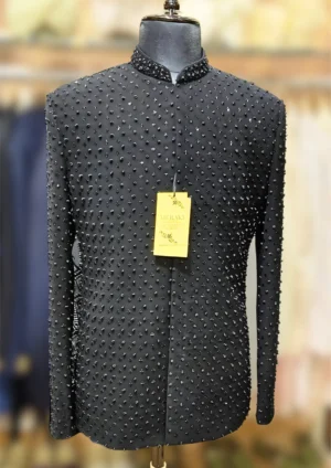 Black Armani Jodhpuri Jacket with French Knot Cut Dana Embellishment - By MERAKI