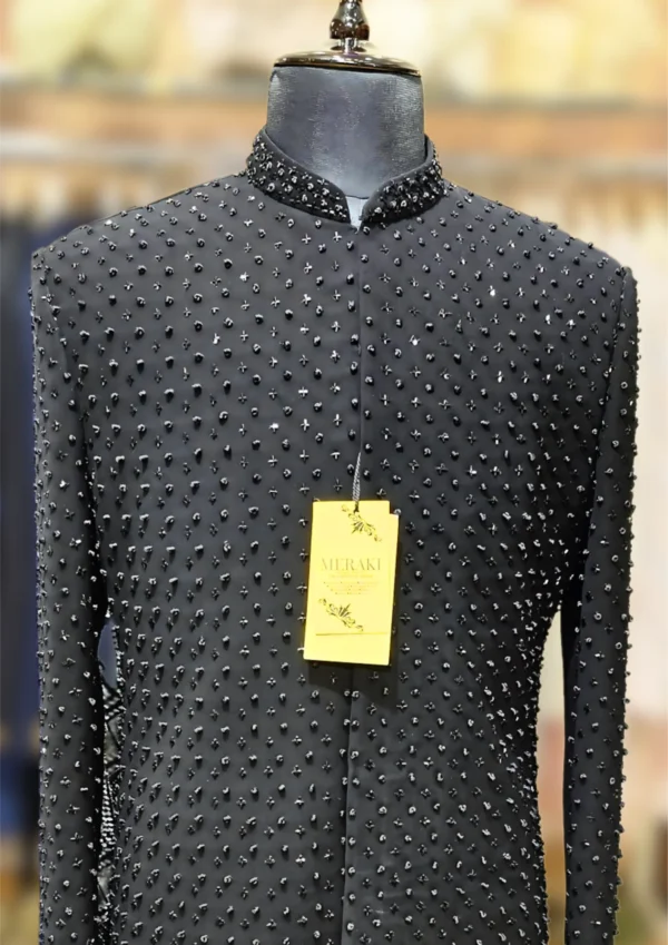 Black Armani Jodhpuri Jacket with French Knot Cut Dana Embellishment - By MERAKI