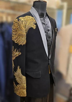Men's Black Designer Blazer with Gold Embroidery – Luxury Formal Wear for Special Occasions by MERAKI