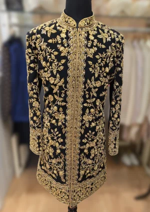 Elegant Black & Gold Embroidered Sherwani for Men - Traditional Wedding Wear By MERAKI