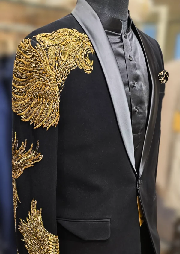 Men's Black Designer Blazer with Gold Embroidery – Luxury Formal Wear for Special Occasions by MERAKI