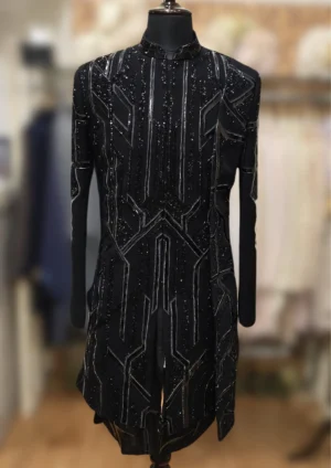 Armani-Inspired Black Indo Western with Leather and Cutdana Work - By MERAKI