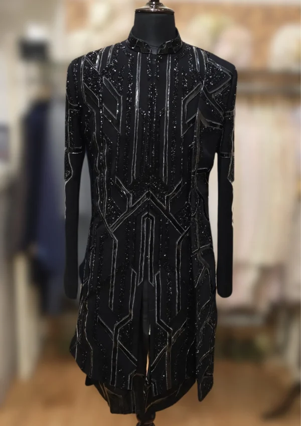 Armani-Inspired Black Indo Western with Leather and Cutdana Work - By MERAKI