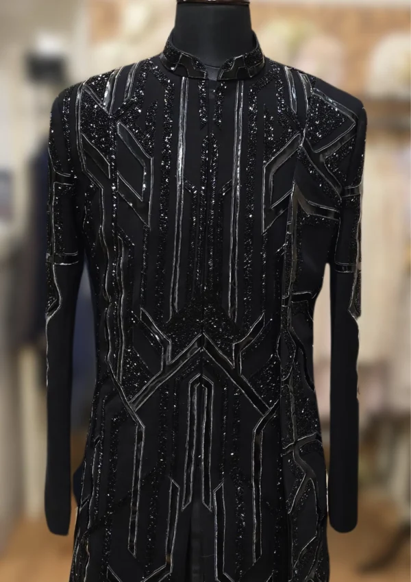 Armani-Inspired Black Indo Western with Leather and Cutdana Work - By MERAKI