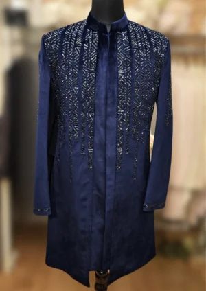 Royal Blue Velvet Indo Western with Cutdana Work - By MERAKI