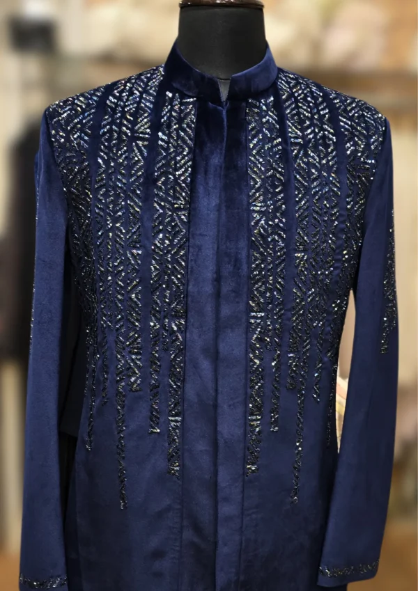 Royal Blue Velvet Indo Western with Cutdana Work - By MERAKI
