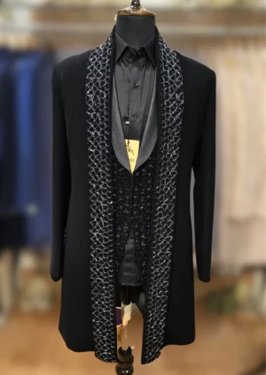 Royal Black Indo Western in Armani Fabric with Cut Dana Handwork - By MERAKI