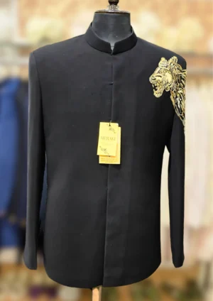Regal Black Jodhpuri Jacket in Armani Fabric with Embroidered Lion Shoulder - By MERAKI