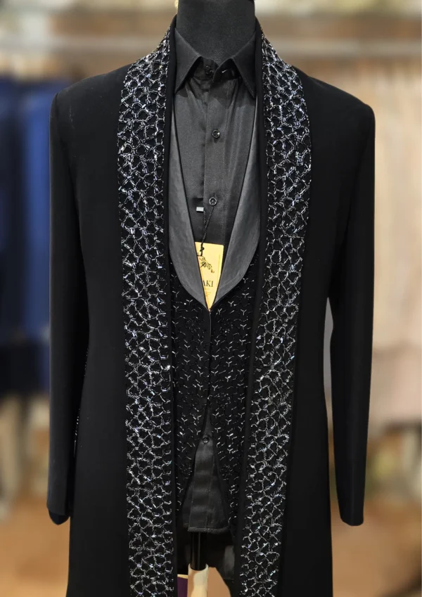 Royal Black Indo Western in Armani Fabric with Cut Dana Handwork - By MERAKI
