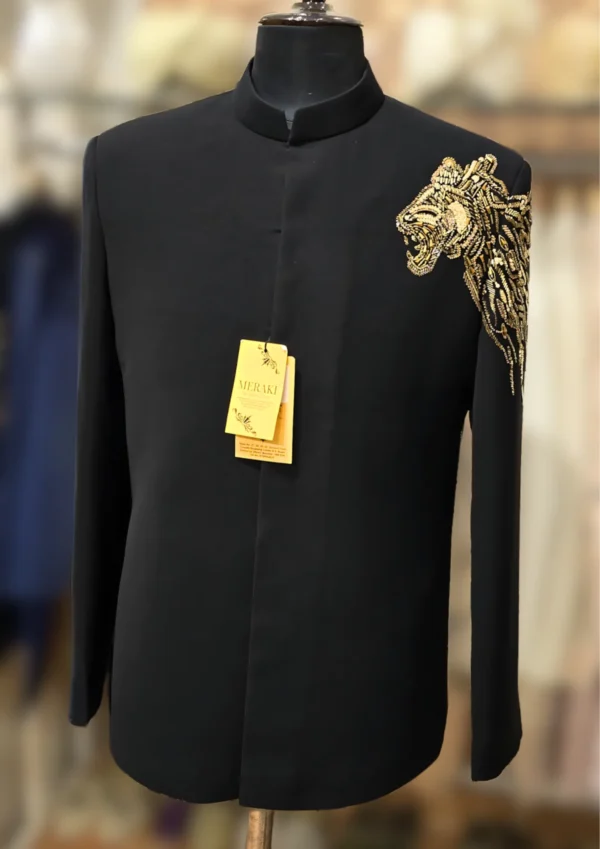 Regal Black Jodhpuri Jacket in Armani Fabric with Embroidered Lion Shoulder - By MERAKI