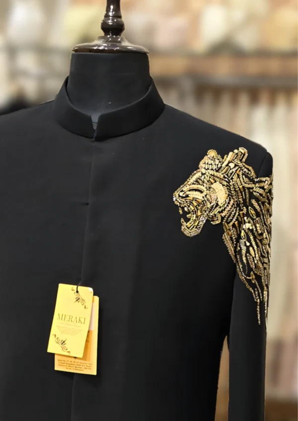 Regal Black Jodhpuri Jacket in Armani Fabric with Embroidered Lion Shoulder - By MERAKI