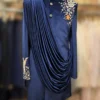 Royal Navy Blue Velvet Draped Kurta with Intricate Floral Embroidery and Pleated Detailing - By MERAKI
