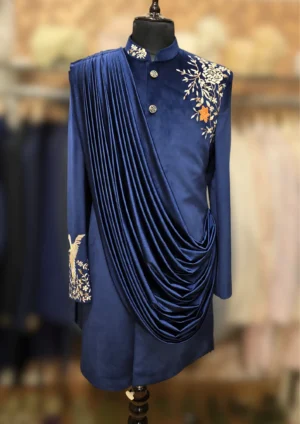 Royal Navy Blue Velvet Draped Kurta with Intricate Floral Embroidery and Pleated Detailing - By MERAKI
