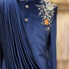 Royal Navy Blue Velvet Draped Kurta with Intricate Floral Embroidery and Pleated Detailing - By MERAKI