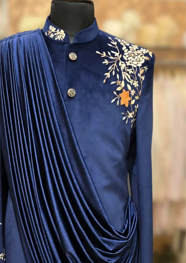 Royal Navy Blue Velvet Draped Kurta with Intricate Floral Embroidery and Pleated Detailing - By MERAKI