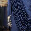 Royal Navy Blue Velvet Draped Kurta with Intricate Floral Embroidery and Pleated Detailing - By MERAKI