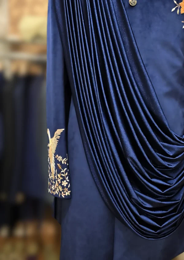 Royal Navy Blue Velvet Draped Kurta with Intricate Floral Embroidery and Pleated Detailing - By MERAKI